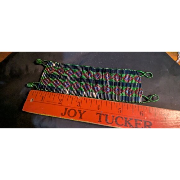 Beaded woven beaded  cuff bracelet blue red green 2" wide handmade boho - Picture 4 of 5